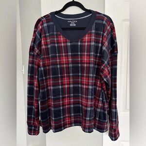 Nautica Women’s Navy & Red Plaid V‑Neck Long Sleeve Top Size XL